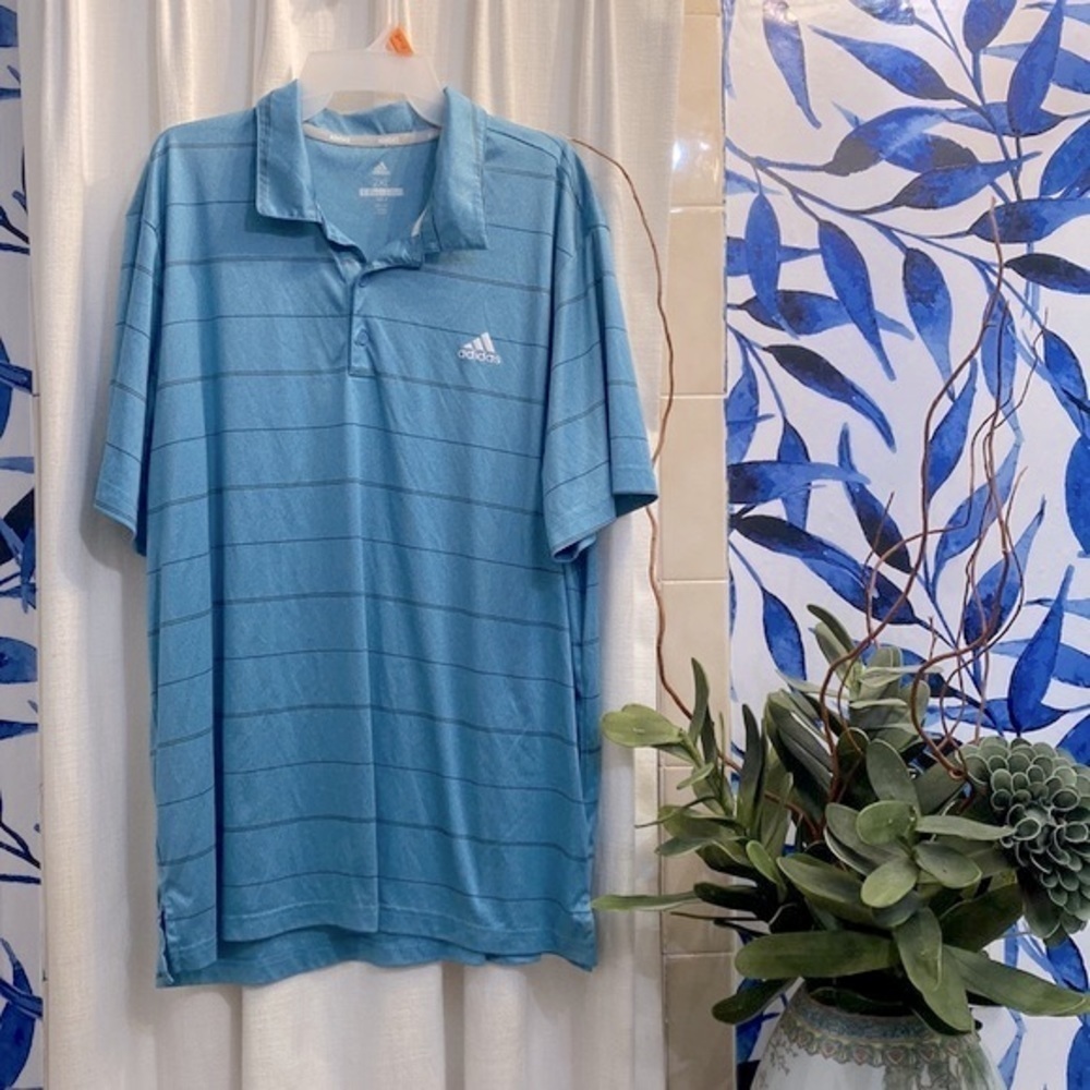 Men’s Blue with Black Stripe Adidas Polyester & Spandex Golf Polo Size 2XL